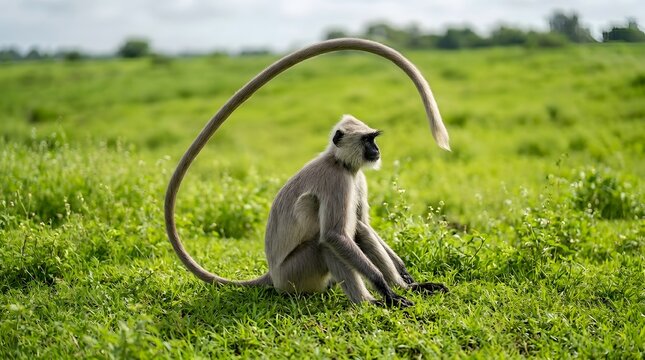 Gray langur monkey sitting in lush green grass field
