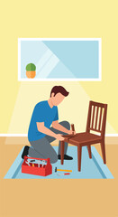 Fototapeta premium A man kneeling on a rug repairs a broken wooden chair with various hand tools