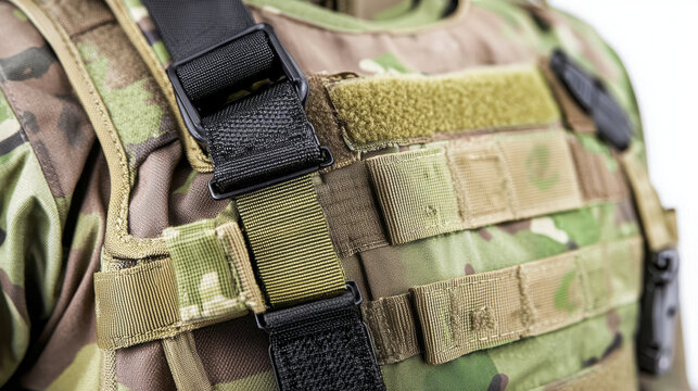 Tactical vest close up showcasing straps and camouflage pattern, emphasizing durability and functionality in military gear