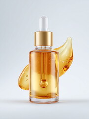 Naklejka premium Elegant glass dropper bottle filled with golden serum, highlighting luxury skincare and beauty treatment concepts