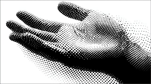 A halftone pattern illustration of an open human hand in black and white. This image is suitable for graphic design and artistic projects.