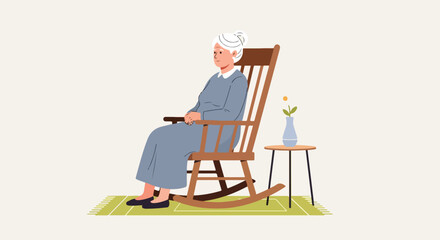 Fototapeta premium An elderly woman with white hair sitting peacefully in a brown wooden chair