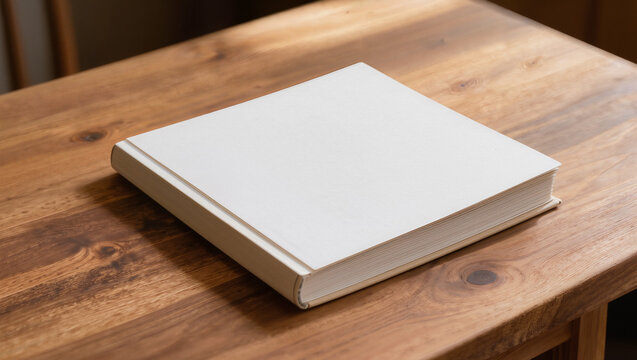 Blank White Hardcover Book Resting on a Rich Wooden Table