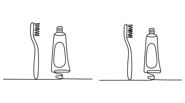 A continuous single line art drawing of a toothbrush standing vertically next to a toothpaste tube.