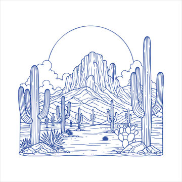 Desert Landscape with Cactus and Mountain Line Art Vector Illustration