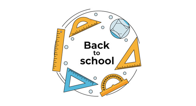 Educational design featuring school supplies like rulers and triangles arranged in a circle with the text back to school in the center.