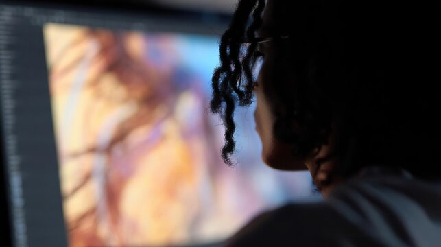 Person with curly hair, sitting in front of a computer monitor. the person is facing away from the camera, and their face is partially obscured by the screen.