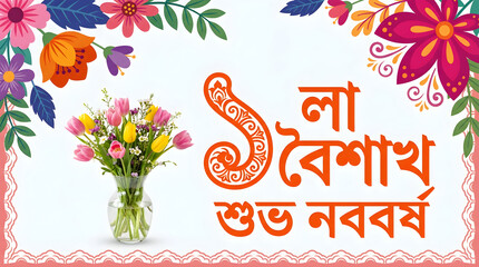 Obraz premium Beautiful floral greetings for a joyful bengali new year celebration