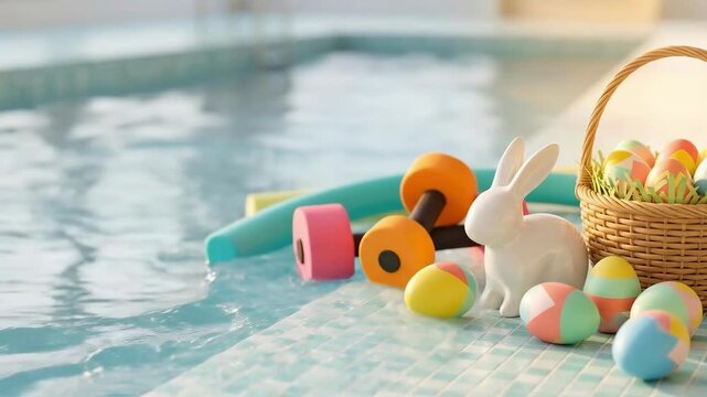 Easter bunny and colorful painted eggs in woven basket next to swimming pool toys including floaties and dumbbells. Holiday spring celebration setup for family water fun and seasonal outdoor