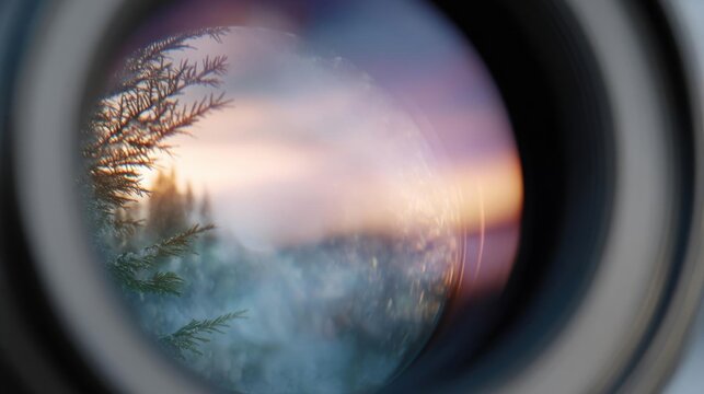 Close-up of a camera lens with a circular view of a snowy landscape. the focus of the image is on a branch of a pine tree on the left side, which is covered in snow.