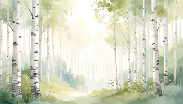 Soft birch tree grove fading into gentle morning mist in peaceful forest watercolor painting illustration