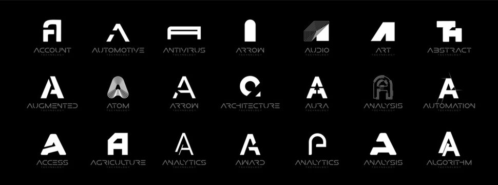 Letter A Logo Collection in Futuristic Tech Style, Modern Geometric Minimalist Creative Branding for Business Identity Design. Monogram Set for Startups, Businesses, Companies. Vector Illustration