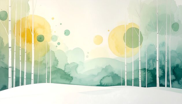 Abstract pastel landscape with layered hills trees and circular sun shapes watercolor painting illustration