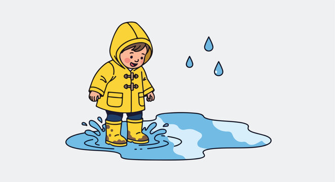 A happy child wearing a yellow raincoat and boots jumping into a water puddle