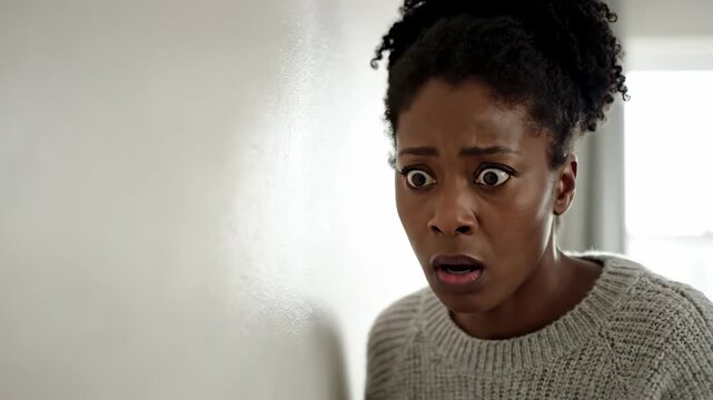 curious african american woman pressing hand against white wall, overhearing conversation. eavesdropping neighbor listening closely. suspenseful domestic scene.  psychology blog.