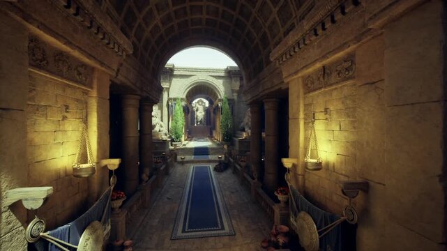 Narrow ceremonial corridor with artifacts and soft light. Closeup of carved walls, scattered vessels and ritual props bathed in warm glow evokes curator