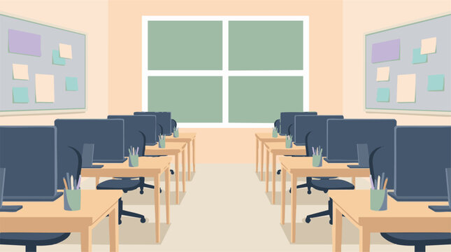 Empty computer lab classroom with desks, computers, and bulletin boards