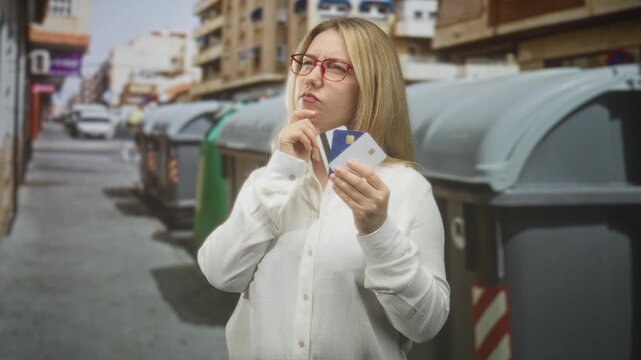 Woman holding credit cards with hand to chin thinking gesture, red glasses visible, standing beside dumpsters on a city street; thoughtful decision making.