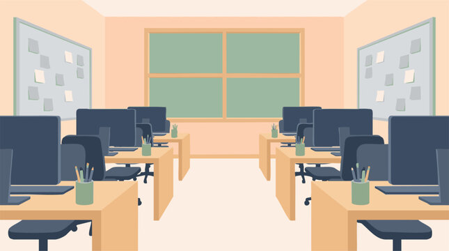 Modern Empty Computer Lab Classroom Interior with Desks and PCs