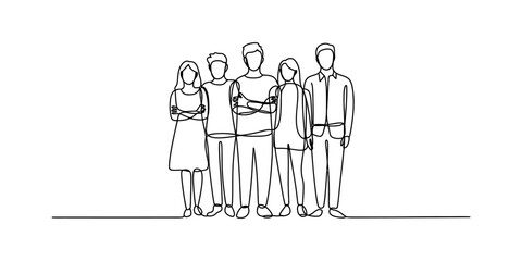 A minimalist single line drawing illustration featuring a diverse group of five standing people. Vector, illustration © Badhon_Art Gallery