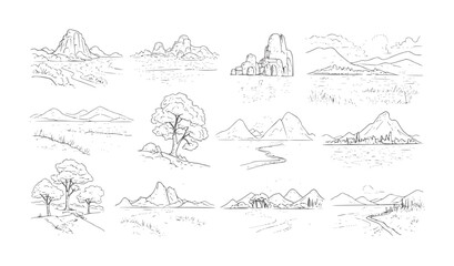 Fototapeta premium Collection of twelve hand drawn black and white landscape nature mountains trees