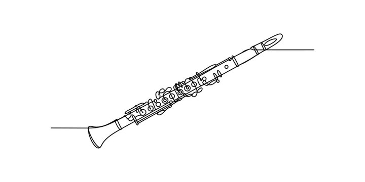 A continuous single line drawing of a clarinet musical instrument on a clean white background. Vector, illustration
