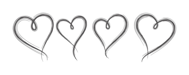 Four dark grey sketched hearts white love symbol brush