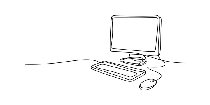 A single continuous line drawing of a desktop computer setup with a monitor keyboard and mouse Vector, illustration