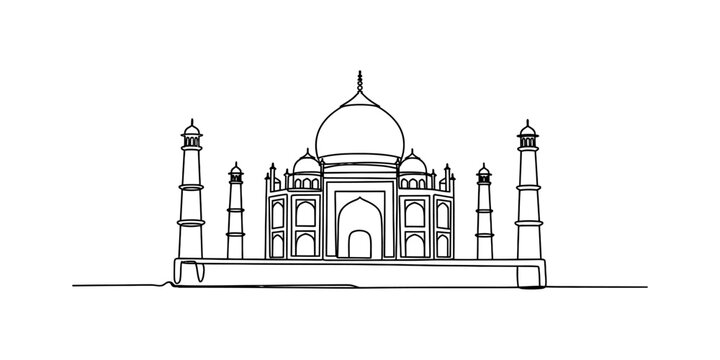 A minimalist black and white line art drawing of the iconic taj mahal monument in agra india. Vector, illustration
