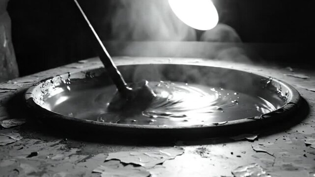 Black and white close up of a viscous dark liquid in a tray being mixed with a trowel, creating steam