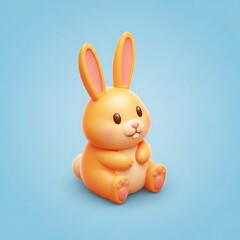 Fototapeta premium Cute 3D cartoon orange bunny rabbit sitting with pink ears on blue, adorable toy character