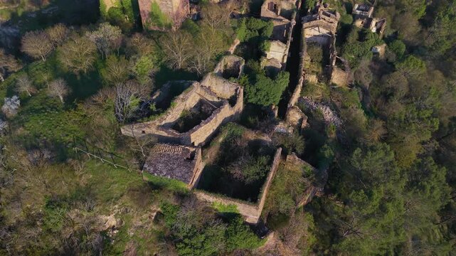 Aerial view from a drone of the abandoned village of Ruesta on the Yesa reservoir in the Cinco Villas region of the province of Zaragoza, Aragon, Spain, Europe