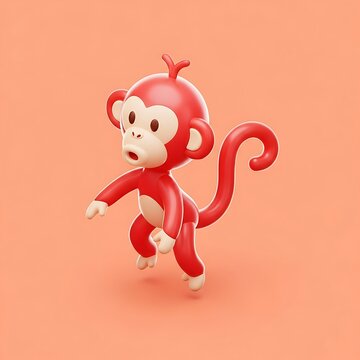 Cute 3D cartoon red monkey jumping with curled tail on peach, playful animal character art
