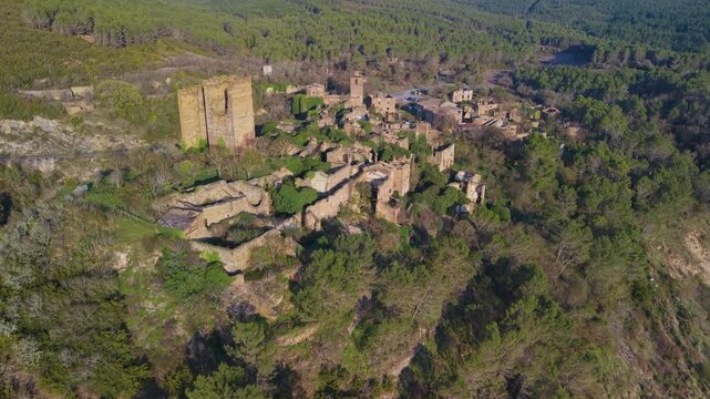 Aerial view from a drone of the abandoned village of Ruesta on the Yesa reservoir in the Cinco Villas region of the province of Zaragoza, Aragon, Spain, Europe