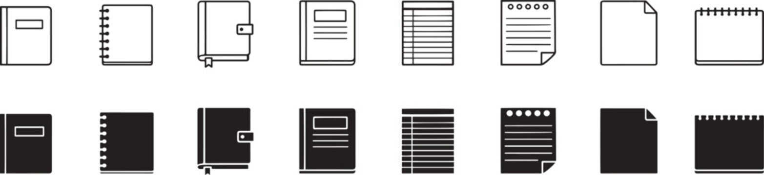 notebook and diary document icon set, minimal outline paper symbols