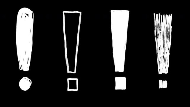 Collection of four hand drawn 2d animation white exclamation points on black background. Set includes diverse sketchy aesthetics such as rough circular dot, clean outline, solid textured fill and vert