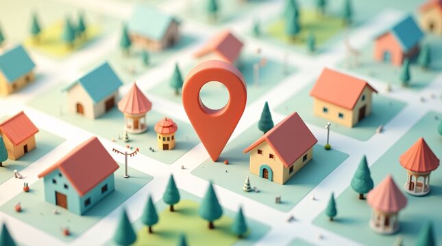 3D Suburban Map with Central Red Location Pin