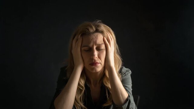 Worried woman touching head with both hands while sitting at wooden table under dark background