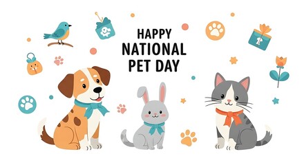 Fototapeta premium Happy national pet day illustration with cute dog, cat, and rabbit