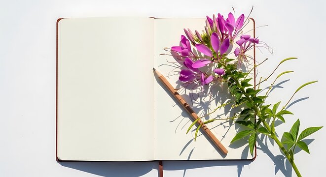 Open notebook with blank pages, a wooden pencil, and a sprig of purple cleome flowers isolated on white background