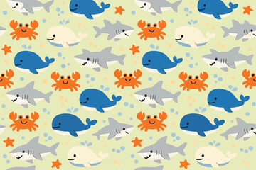Fototapeta premium ocean animals pattern, cute whale shark crab vector, seamless sea pattern, marine life background, kids ocean design, cartoon sea animals, nursery pattern, underwater seamless background, baby ocean t