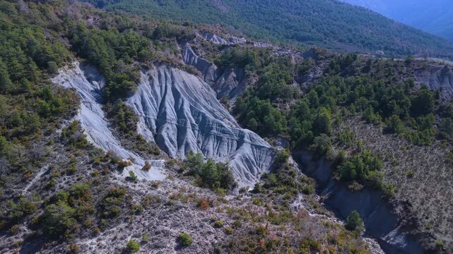 Aerial view from a drone of the area surrounding the village of Satu&eacute; in the Alto G&aacute;llego region of the Province of Huesca, Autonomous Community of Aragon, Spain, Europe