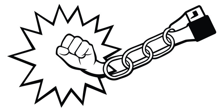 Clenched fist punching through a starburst with a chained wrist 1