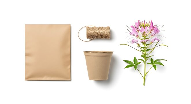 Flat lay of a gardening kit with a paper seed packet, a spool of twine, a biodegradable plant pot, and a blooming cleome flower isolated on white background