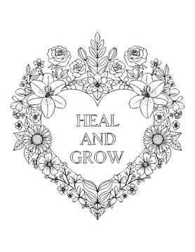 Intricate floral heart design for adult coloring pages with affirmations isolated on transparent background