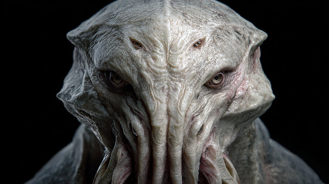 Photorealistic portrait of an eldritch old god in white and cream tones, with a demon-like alien face and tentacle mouth, sci-fi horror fantasy concept