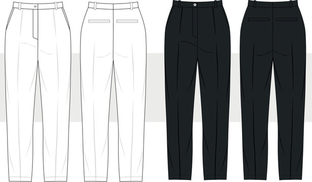 Mens casual and corporate wear pants fashion technical drawing, illustration. Front and back view, Trousers flat sketch, vector. Cad, Mockup.  