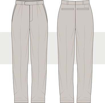 Mens casual and corporate wear bottoms and pants fashion technical drawing, illustration. Front and back view, Trousers flat sketch, vector. Cad, Mockup.  