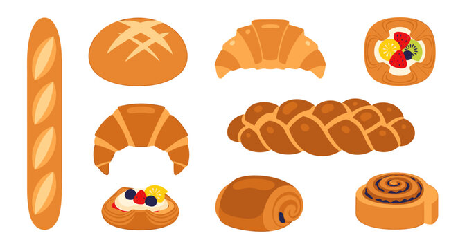 A delightful collection of freshly baked goods and sweet pastries, including a baguette, croissants, challah bread, and fruit tarts, perfect for breakfast or bakery displays