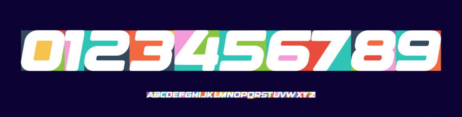 Obraz premium Bold Italic Color Numbers Letters Alphabet Font for Kid Birthday Years Logo, Corporate Anniversary Sign, Race Sport Team Jersey Numeric. Colorful Paper Typographic Design. Vector Illustration